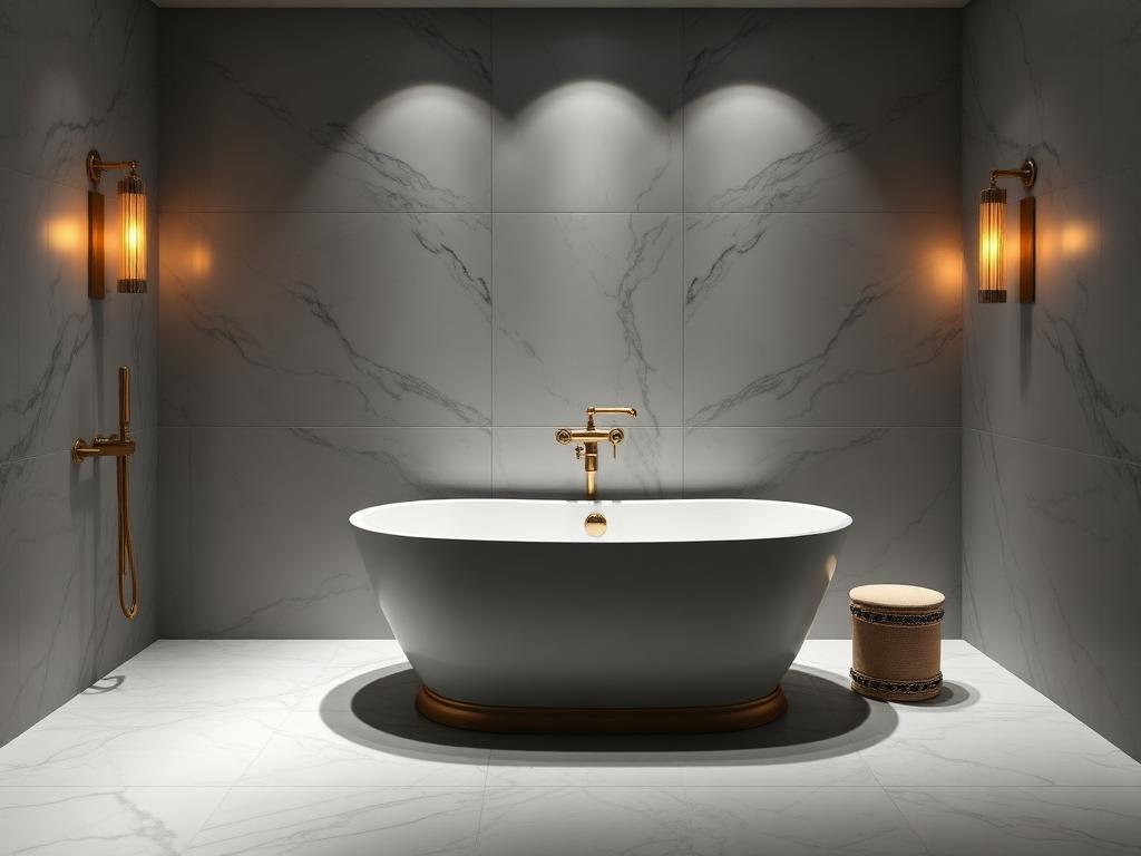 Spa-inspired luxury bathroom with freestanding tub and marble walls