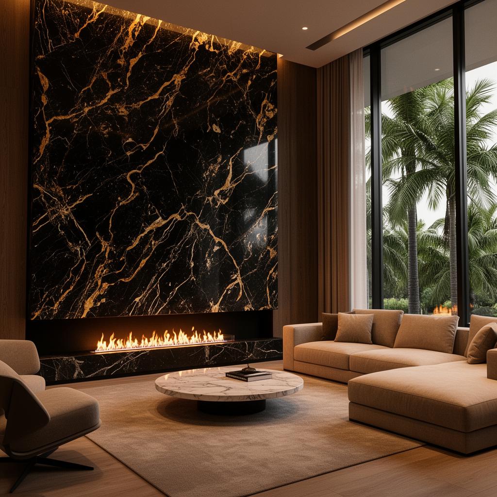 Luxury living room with marble fireplace — illustrative