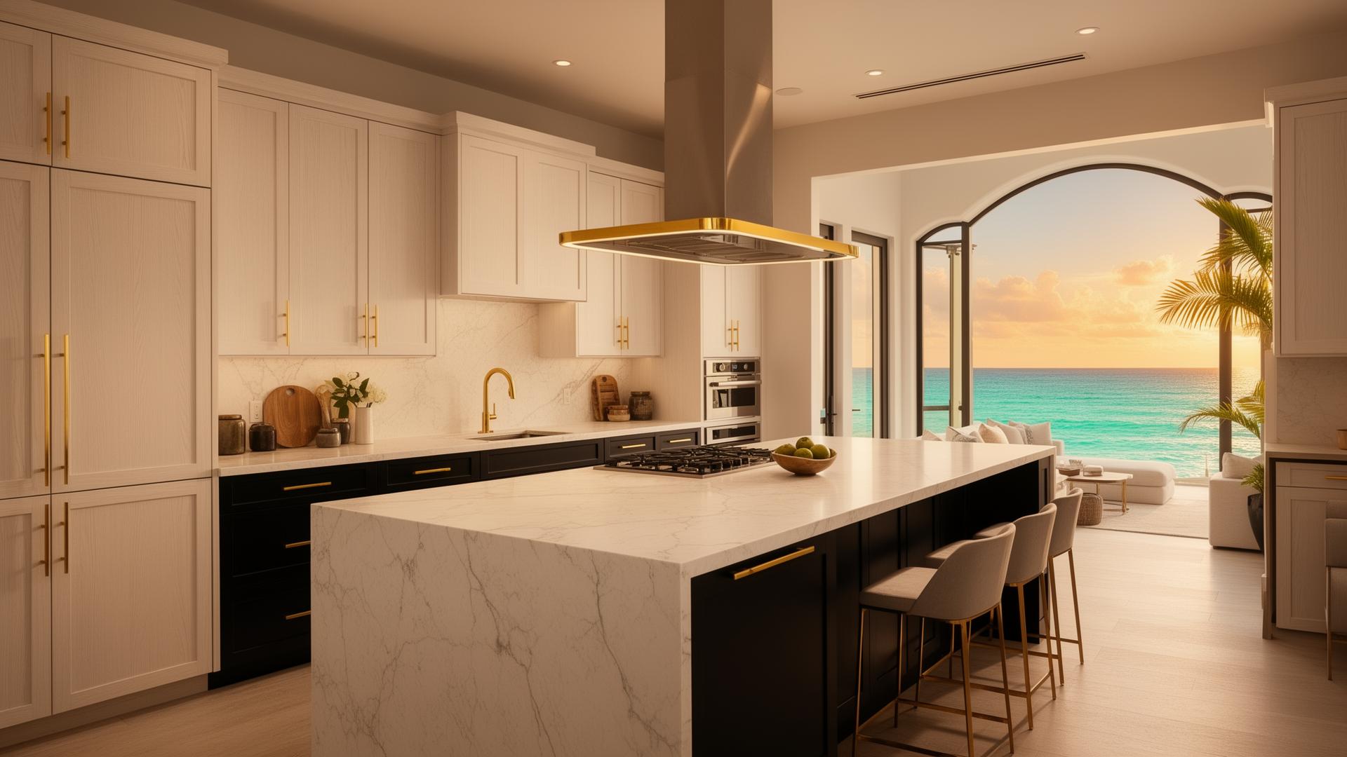 White and gold oceanfront kitchen with panoramic water views