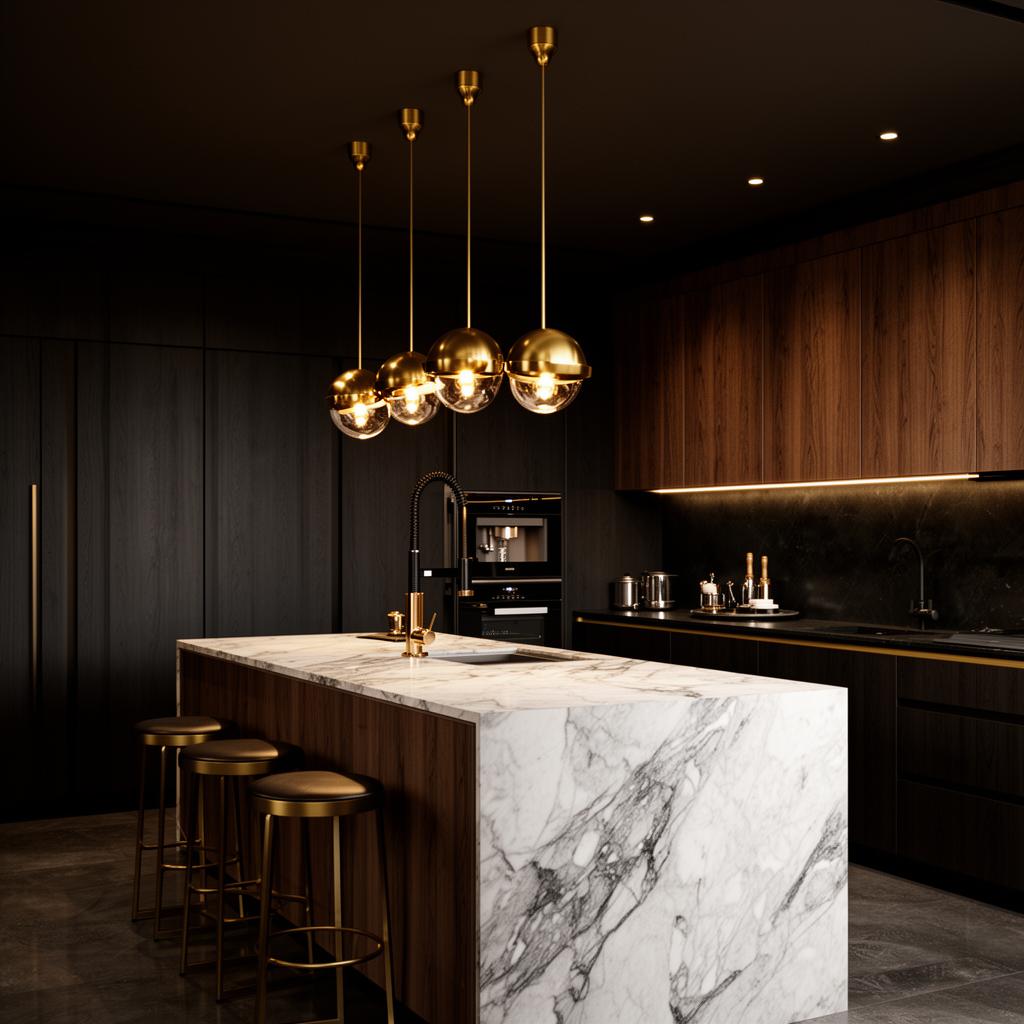 Luxury kitchen with marble island and brass pendants