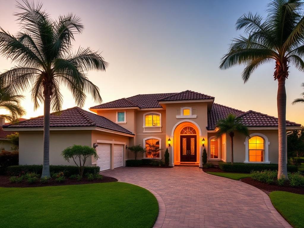Luxury Florida home exterior with tile roof at golden hour